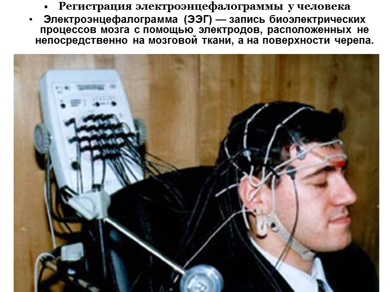 Регистрация электроэнцефалограммы у человека Электроэнцефалограмма (ЭЭГ) — запись биоэлектрических процессов мозга с помощью электродов,